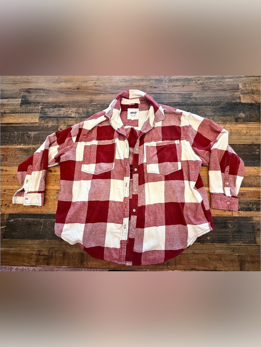Aerie Plaid Fannel Shirt Plaid Burgundy  & Cream, Large, 100% Cottob